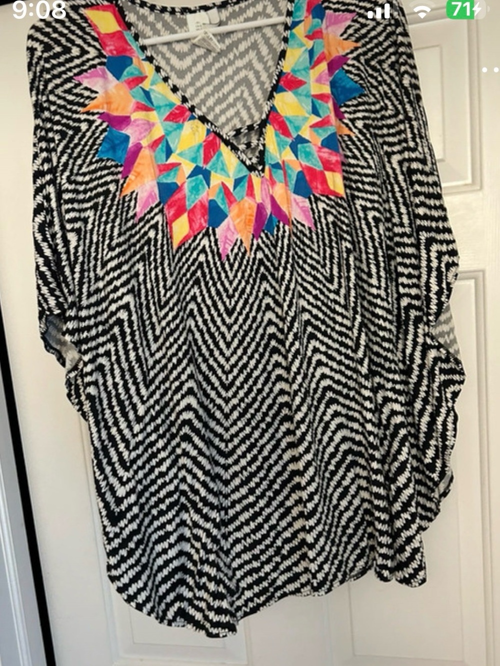 Bar III Black & White Chevron Tunic with Multicolor Embroidered V-Neck
